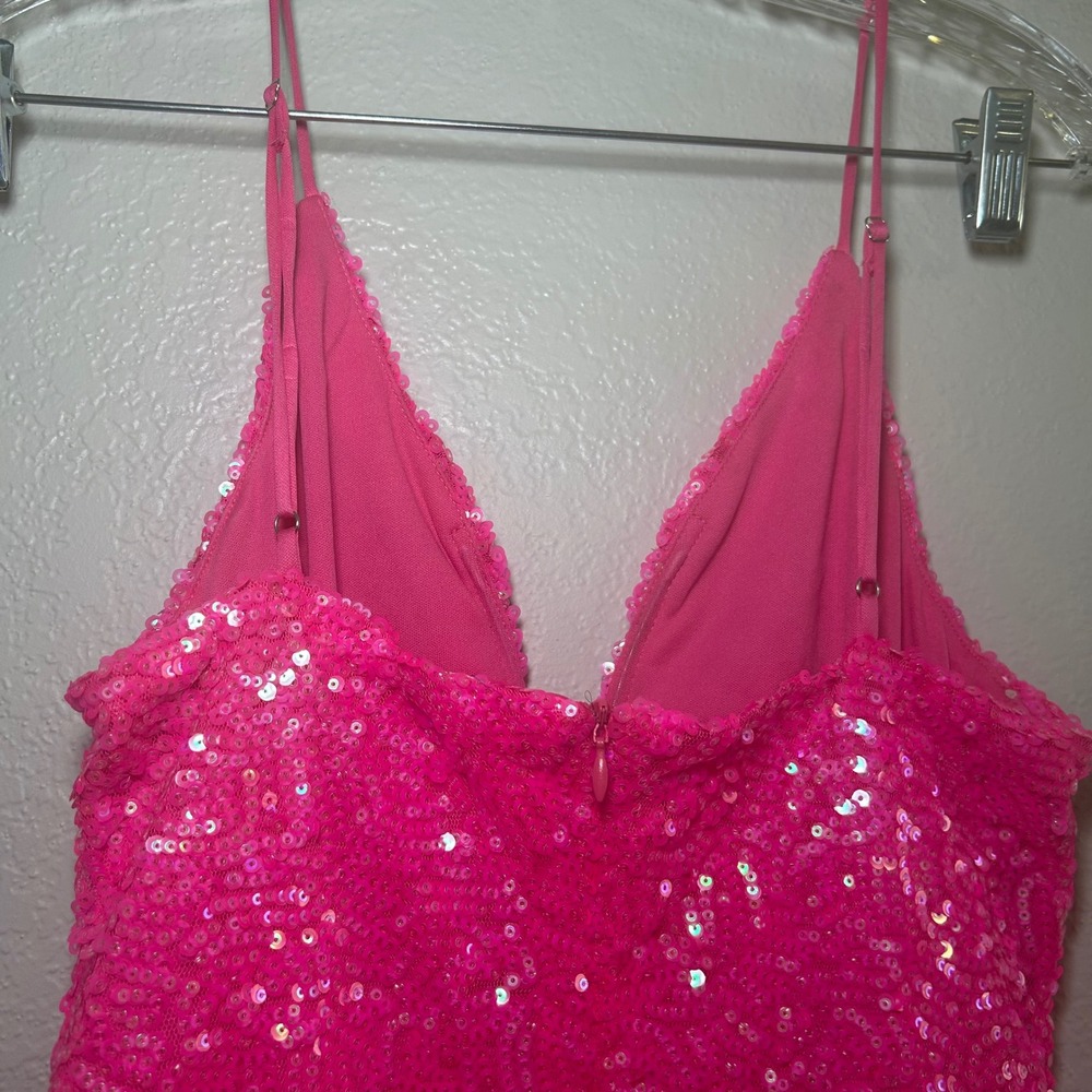 Lucy in the Sky Hot Pink Sequin V-Neck Mini Dress Neon Bodycon Party Size M - Picture 5 of 7